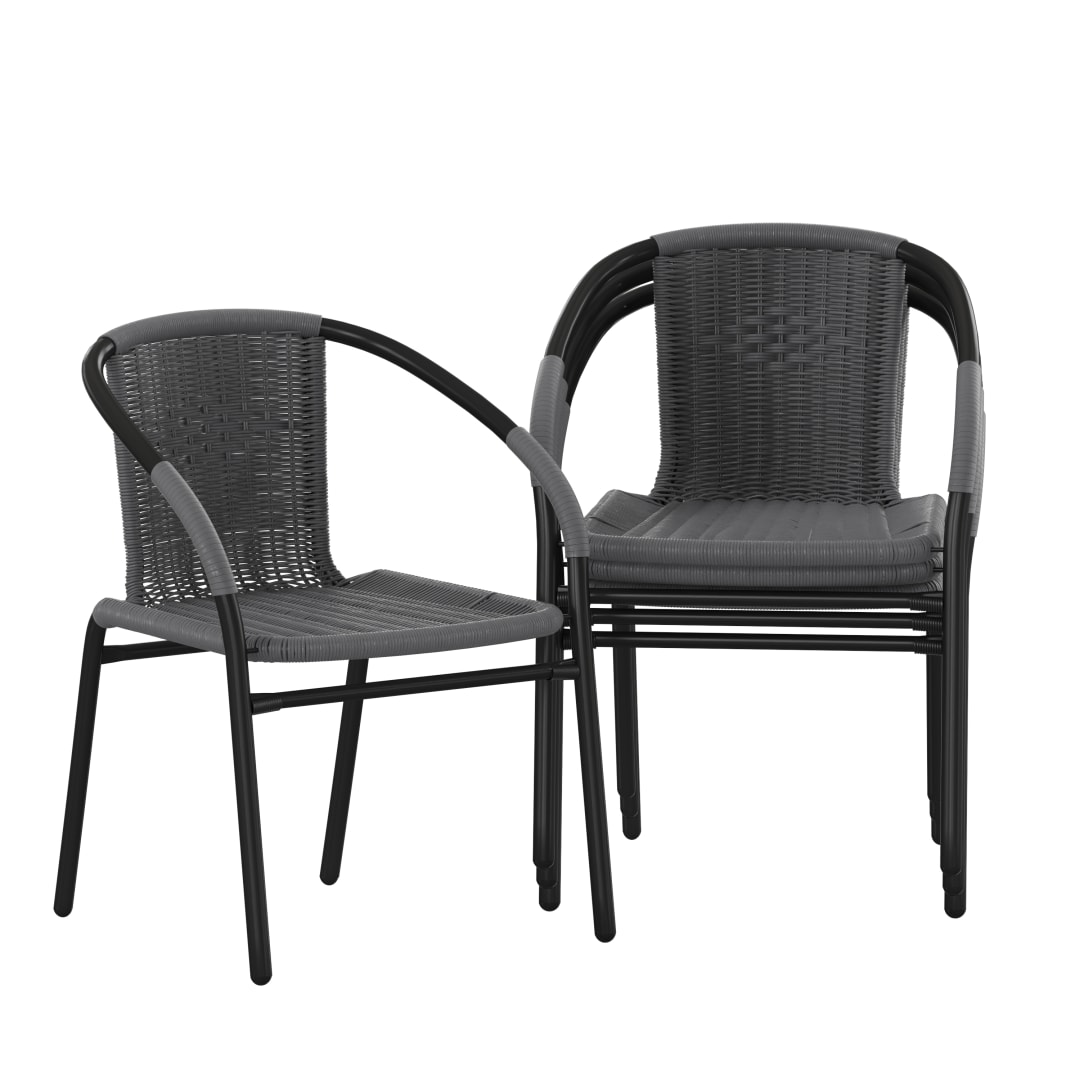 Lila Set of 4 Commercial Grade Gray Rattan Indoor-Outdoor Restaurant Stack Chairs