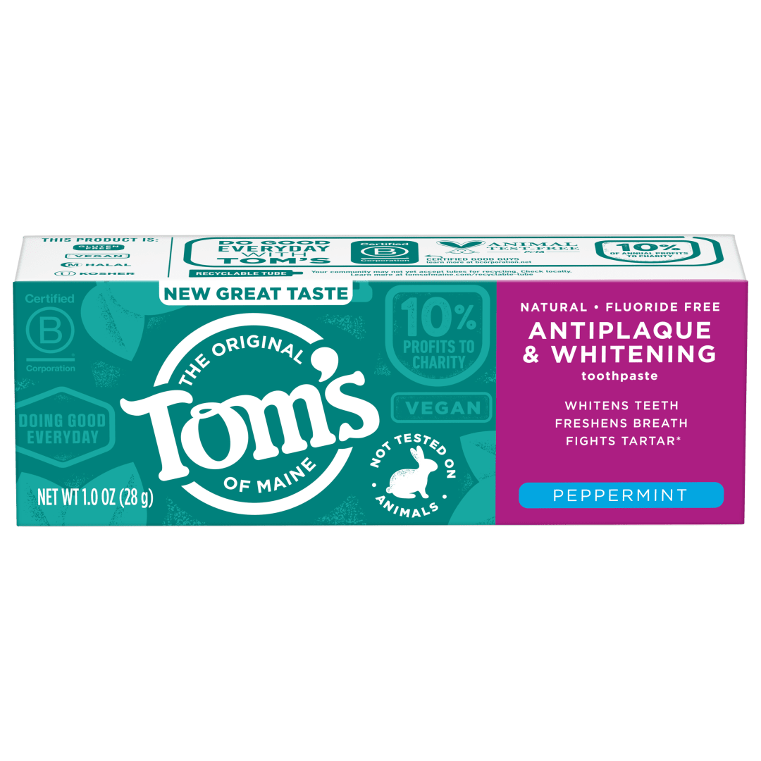 Tom’s of Maine Antiplaque and Whitening Travel Size Toothpaste, Fluoride Free, Peppermint, 1 Pack, 1.0 oz