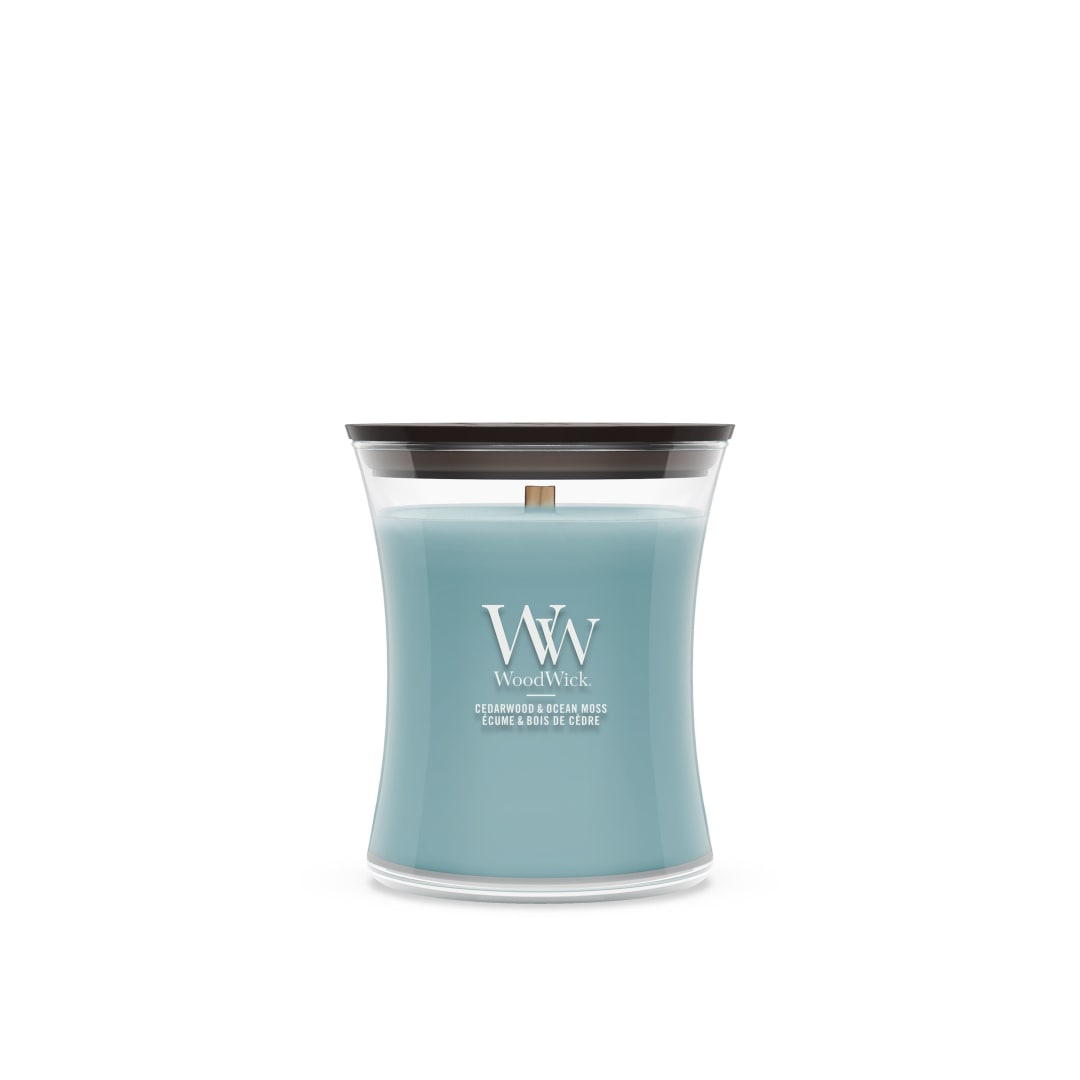 WoodWick Vela perfumada | Vela de tamaño mediano en forma de reloj de arena | Cedarwood & Ocean Moss | Regalos perfectos para mujeres