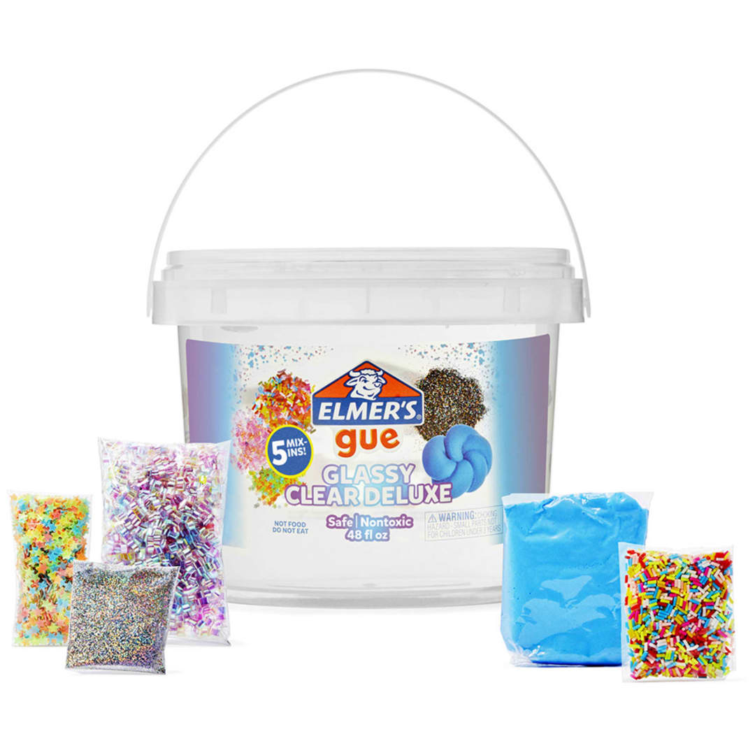 Elmer's Gue Premade Slime, Glassy Clear Slime, Includes 5 Sets of Slime Add-ins, 3 Lb. Bucket