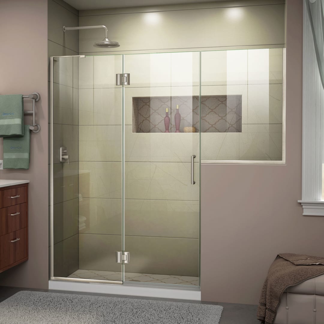 DreamLine Unidoor-X 71 - 71 1/2 inch W x 72 inch H Frameless Hinged Shower Door in Brushed Nickel - Left Wall Installation