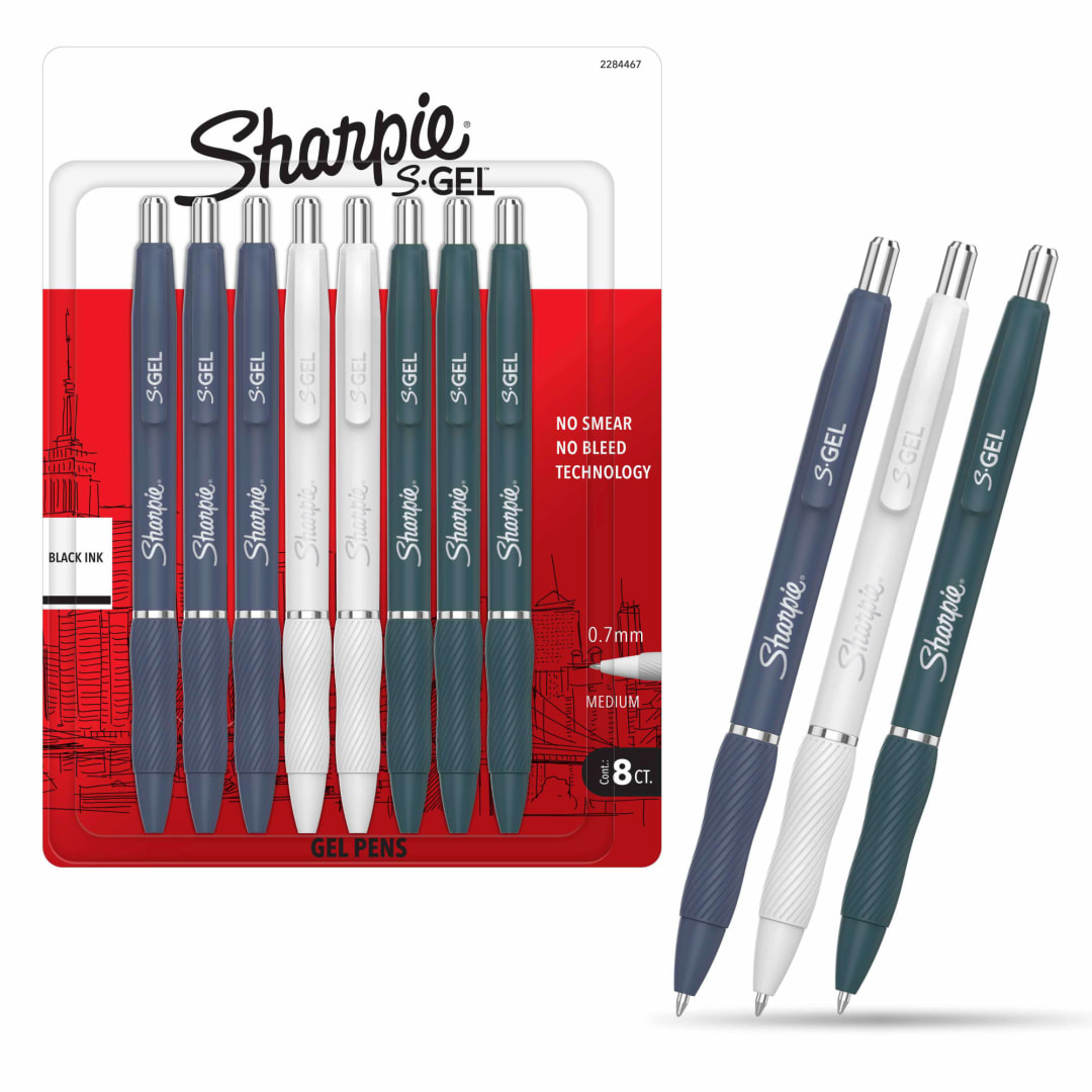 Sharpie S-Gel, Gel Pens, Medium Point (0.7mm), Assorted Fashion Barrels, Black Ink, 8 Count