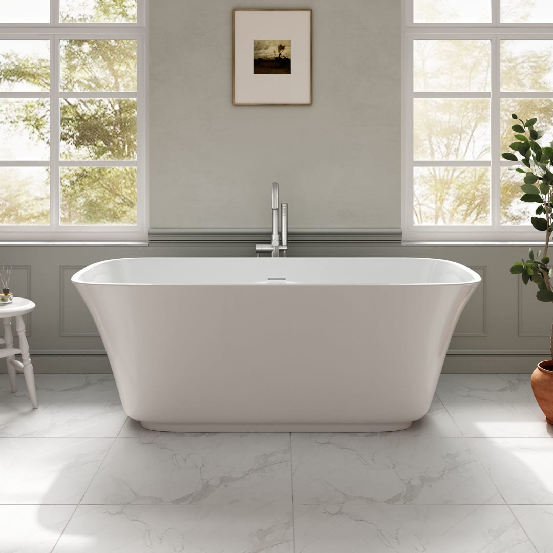 OVE Aveline 60 in. Freestanding Bathtub, Glossy White, Transitional Design