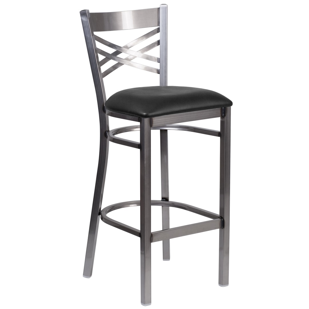 HERCULES Series Silver Antique Finish with Clear Coat ''X'' Back Metal Restaurant Barstool - Black Vinyl Seat