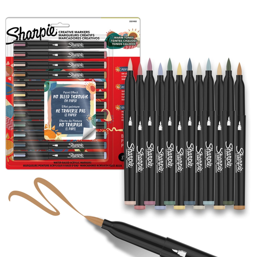 Sharpie Creative Markers, Warm Tones, Water-Based Acrylic Markers, Brush Tip, Assorted Colors, 12 Count