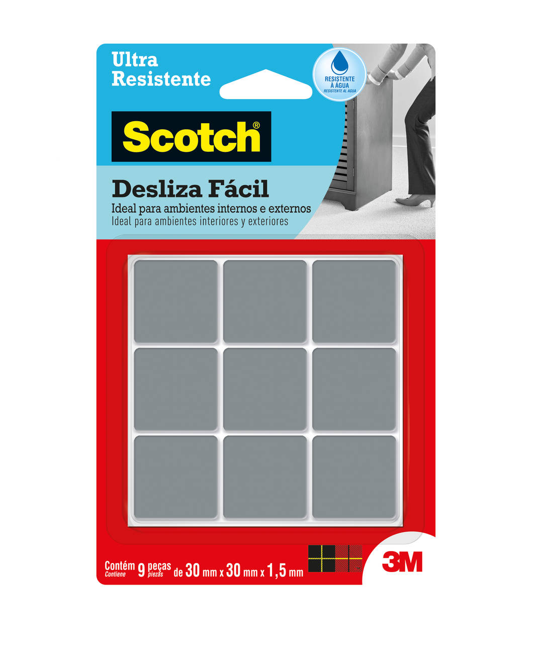 Protetor Ultraresistente Desliza Fácil 3M™ Scotch™ Quadrado, Cinza, Médio, 9 Unidades