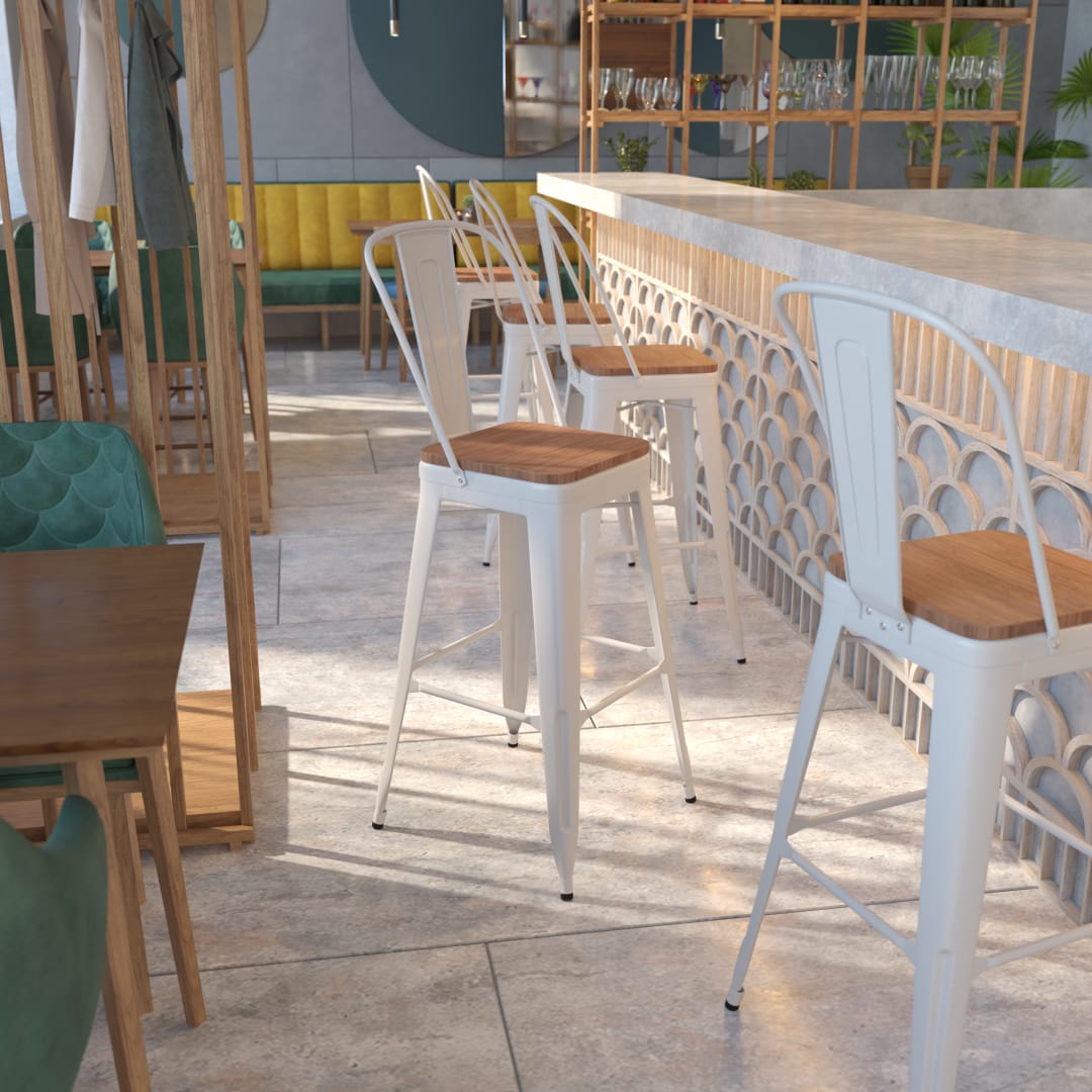 Lily 30" High White Metal Barstool with Back and Wood Seat