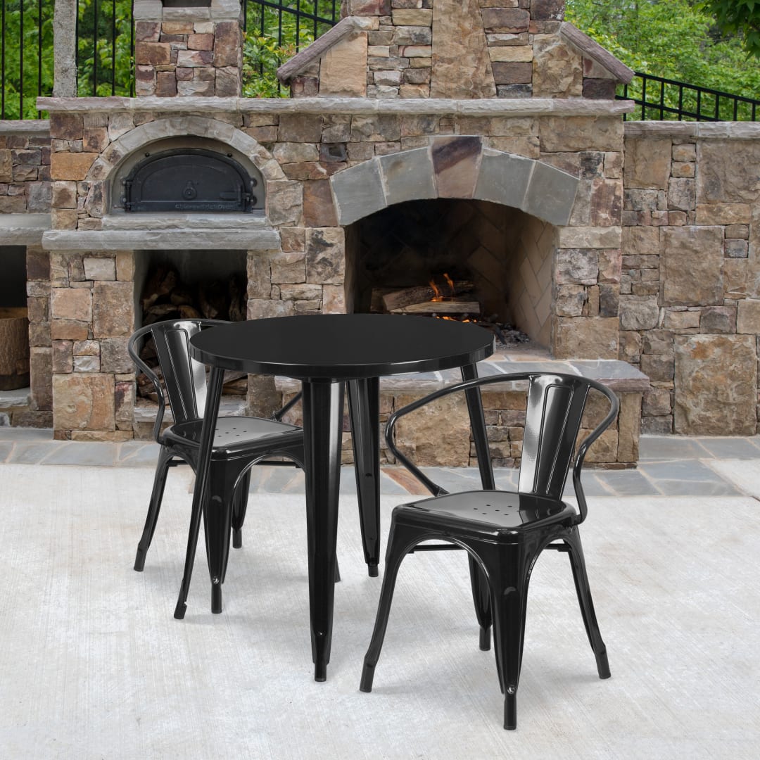 Conrad Commercial Grade 30" Round Black Metal Indoor-Outdoor Table Set with 2 Arm Chairs