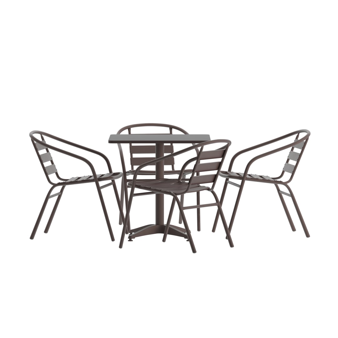 Lila 27.5'' Bronze Square Aluminum Indoor-Outdoor Table Set with 4 Bronze Slat Back Chairs