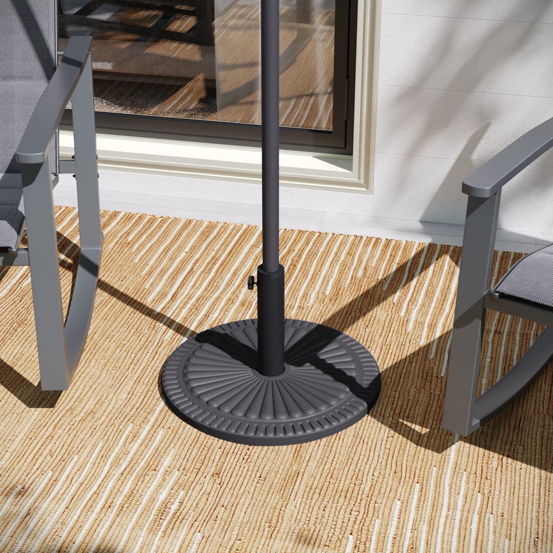 Kona Universal Black Cement Patio Umbrella Base with Sunburst Patterned Weatherproof Plastic Polymer Coating - 19.25" Diameter