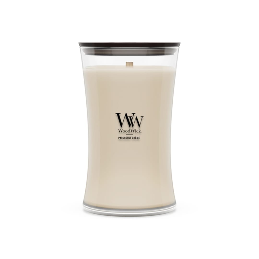 WoodWick® Patchouli Crème Scented Large Hourglass Candle, Crackles as it burns, Up to 120 hrs burn time, Perfect for gifting, 21 oz