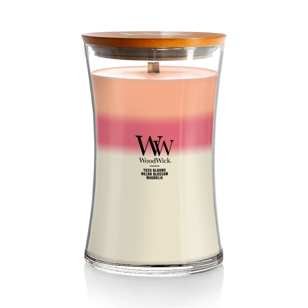 WoodWick® Blooming Orchard Scented Trilogy Large Hourglass Candle, Crackles as it Burns, Great for gifting, 21oz