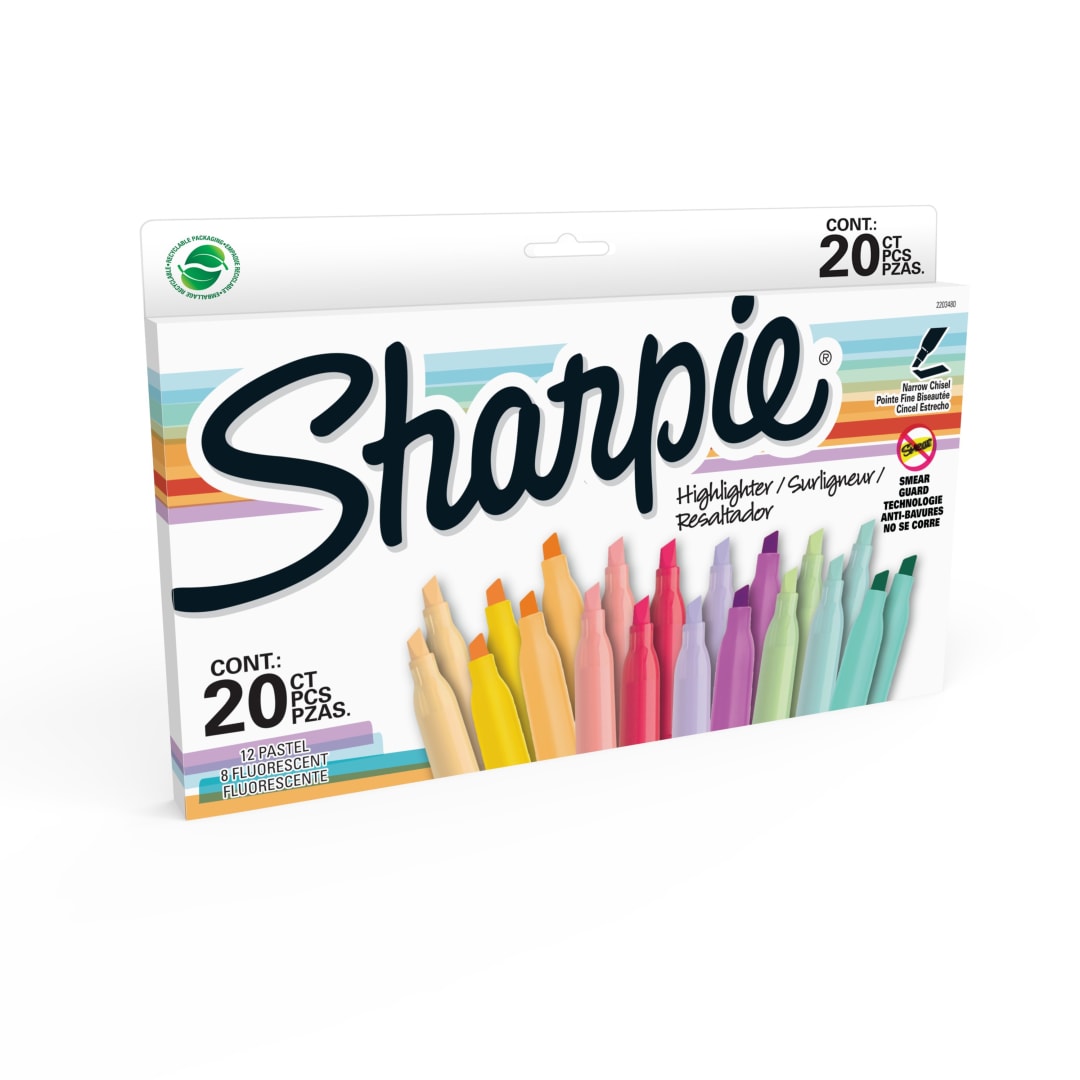 Sharpie Pocket Highlighters, Narrow Chisel Tip, Assorted Colors, 20 Count