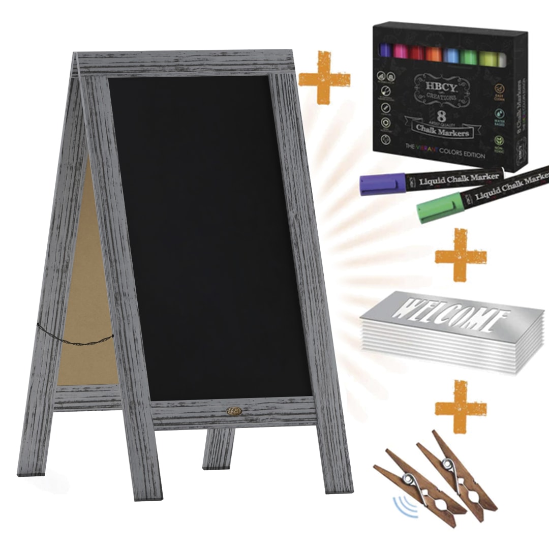 Canterbury 40" x 20" Graywashed Wooden Indoor/Outdoor A-Frame Magnetic Chalkboard Sign Set with 8 Chalk Markers, 10 Stencils, 2 Magnets, and Eraser