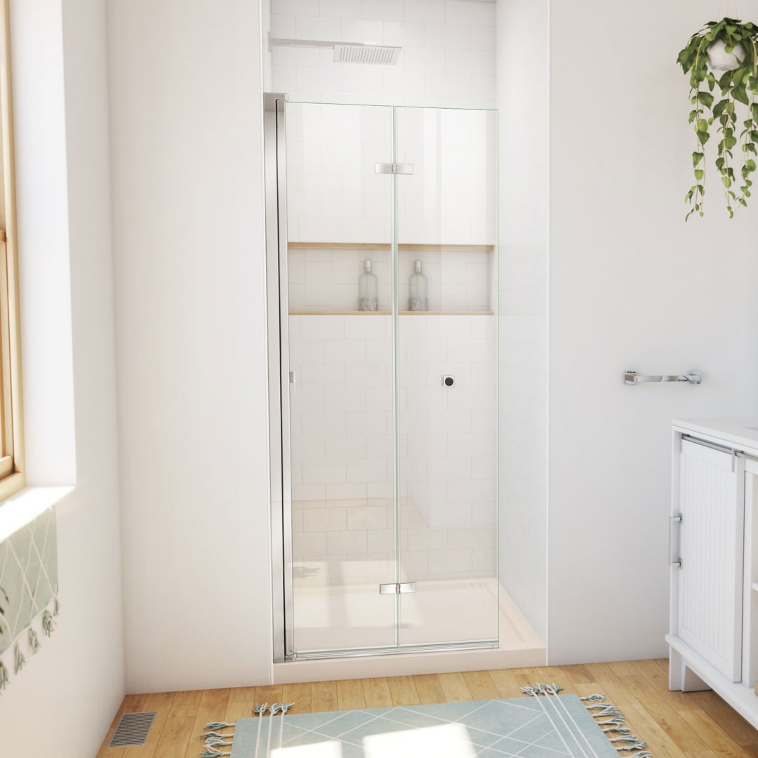 DreamLine Aqua-Q Fold 36 inch D x 36 inch W x 74 3/4 inch H Frameless Bi-fold Shower Door in Chrome with Center Drain Biscuit Shower Base Kit