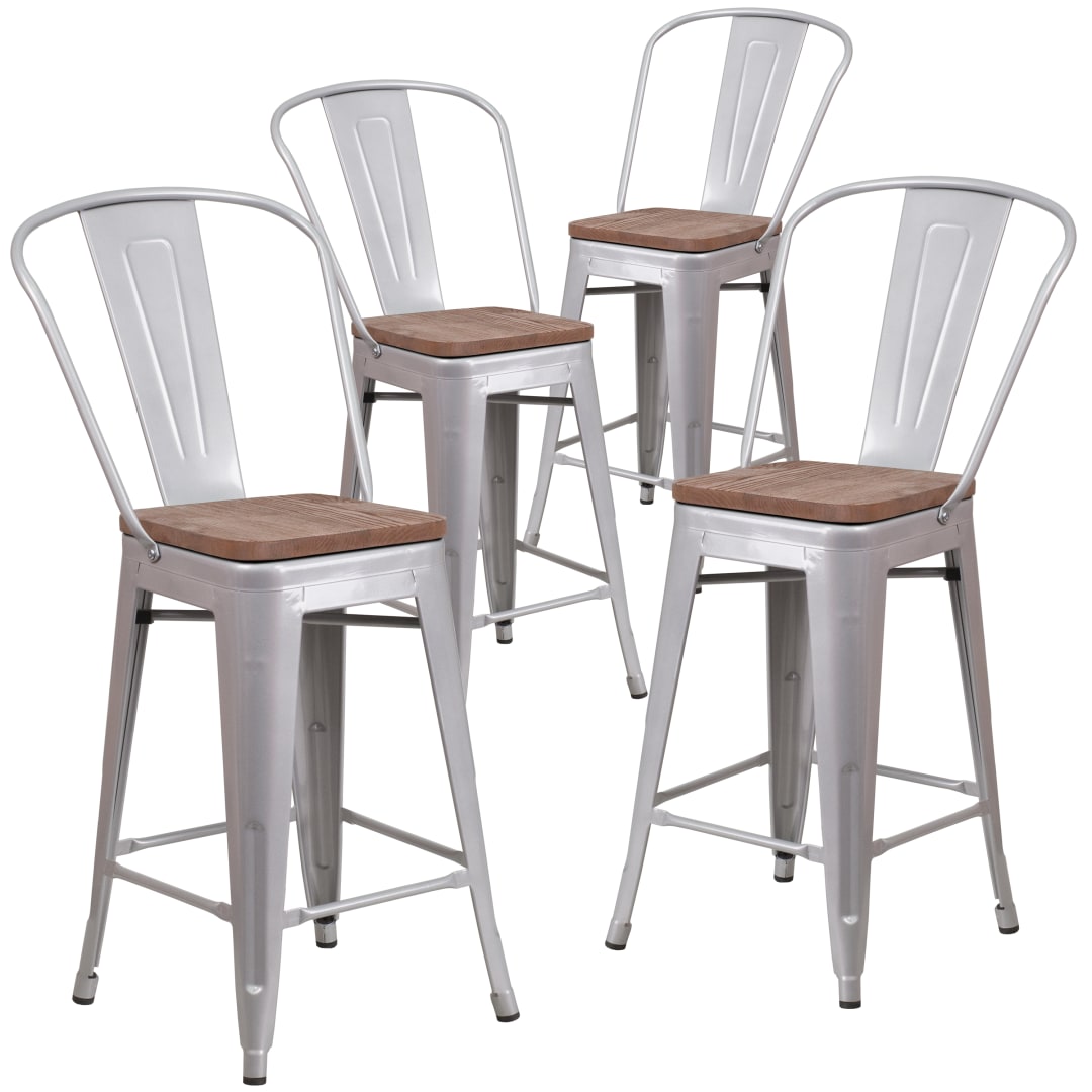 Lily 4 Pack 24" High Silver Metal Counter Height Stool with Back and Wood Seat
