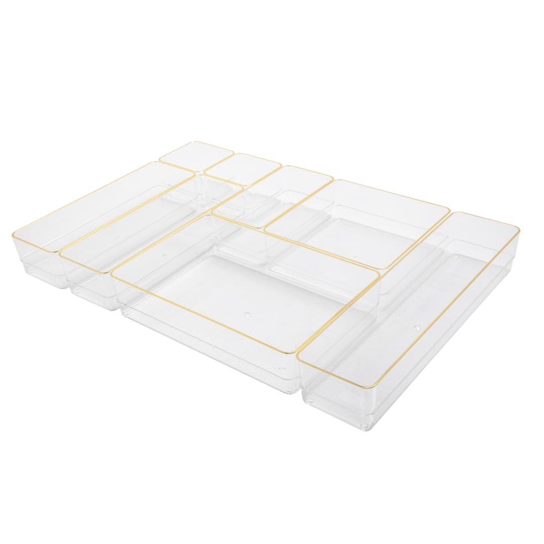 Kerry Plastic Stackable Office Desk Drawer Organizers with Gold Trim, Various Sizes, Set of 8