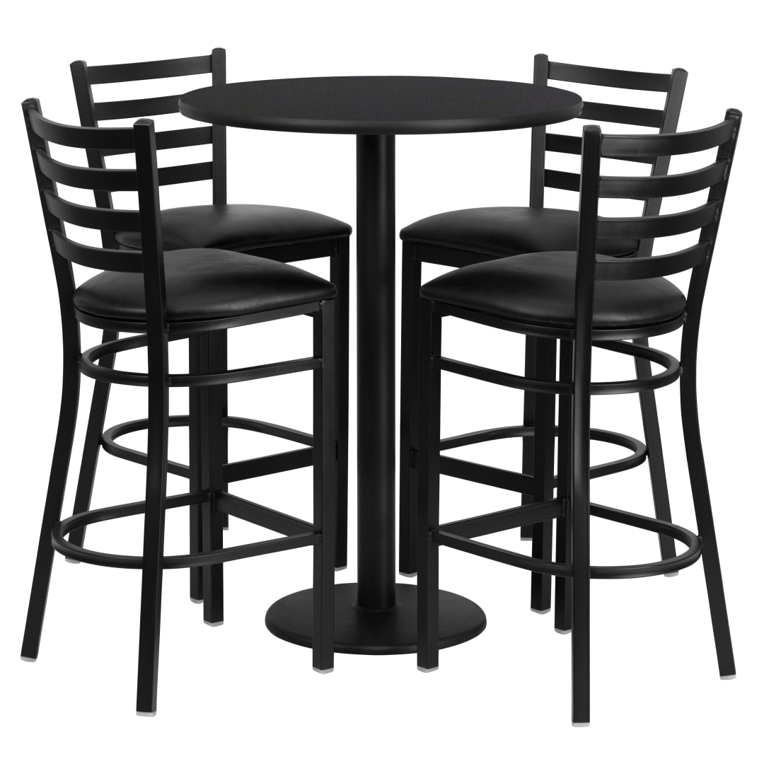 Jamie 30'' Round Black Laminate Table Set with Round Base and 4 Ladder Back Metal Barstools - Black Vinyl Seat