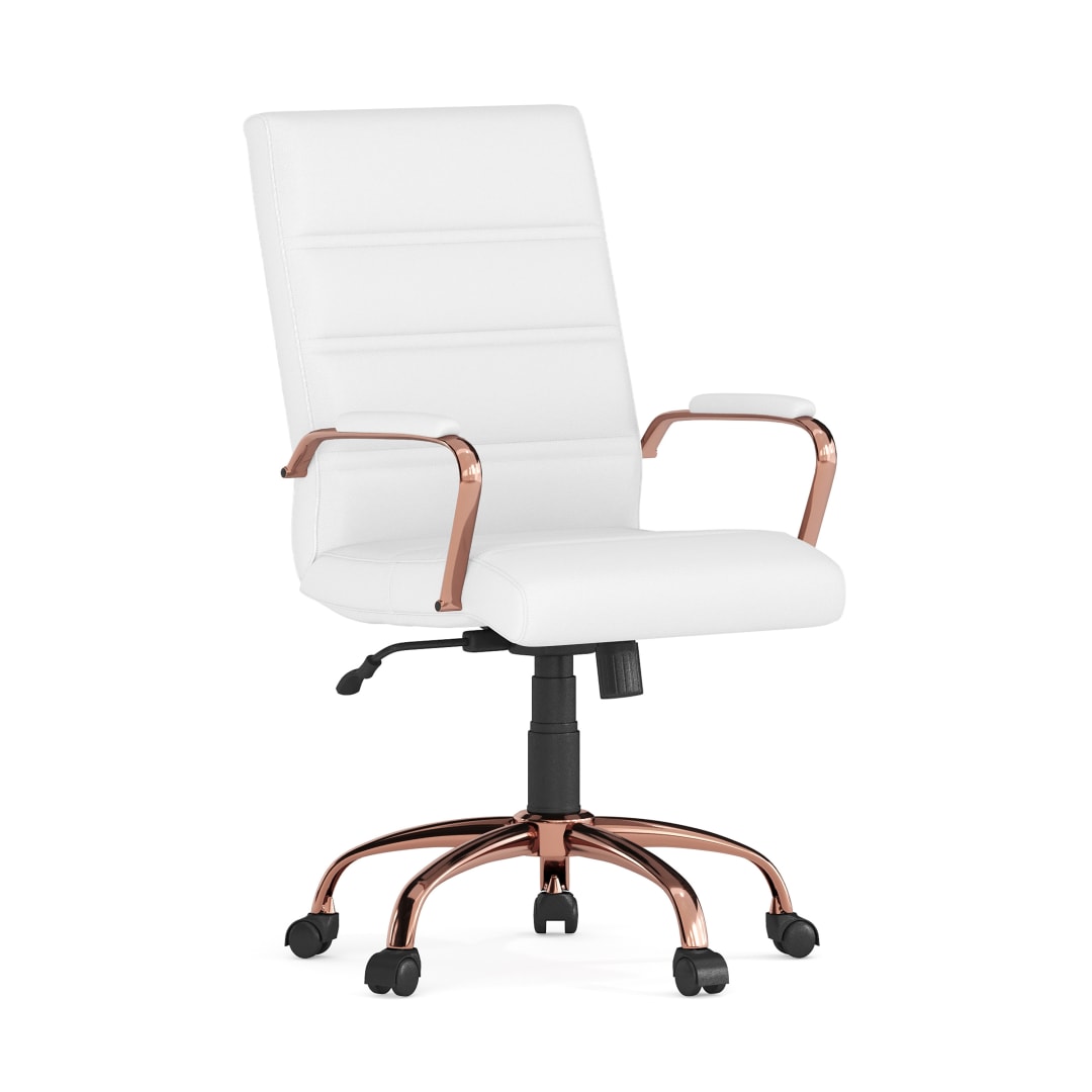 Whitney Mid-Back White LeatherSoft Executive Swivel Office Chair with Rose Gold Frame and Arms