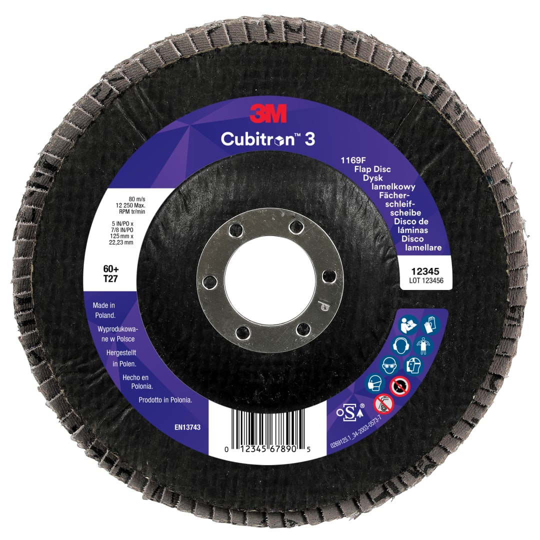 3M™ Cubitron™ 3 Flap Disc 1169F, 60+, T27-Flat, 125 mm x 22.23 mm, 10/Pack, 100 ea/Case