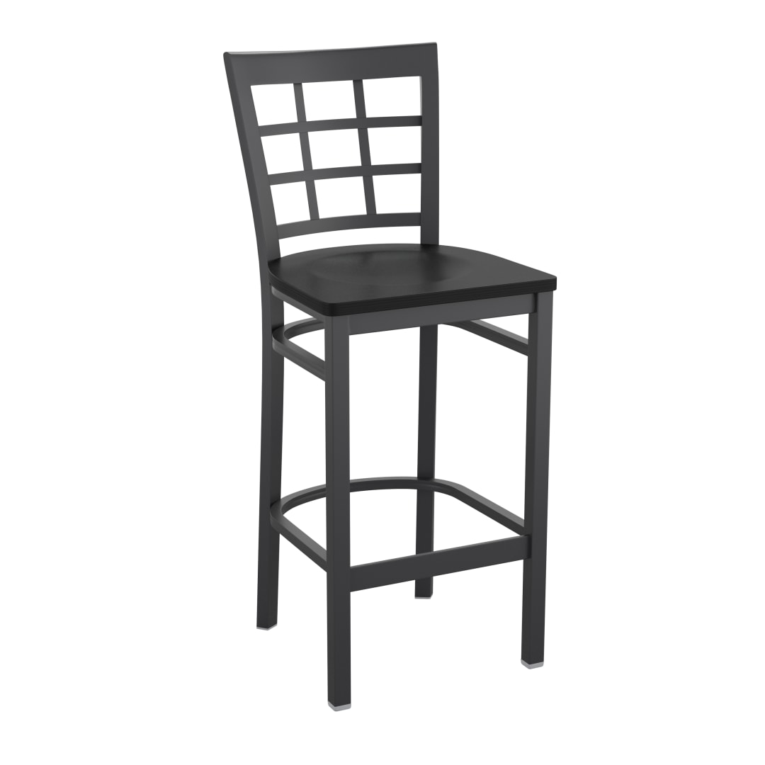 HERCULES Black Window Back Metal Restaurant Barstool - Black Wood Seat