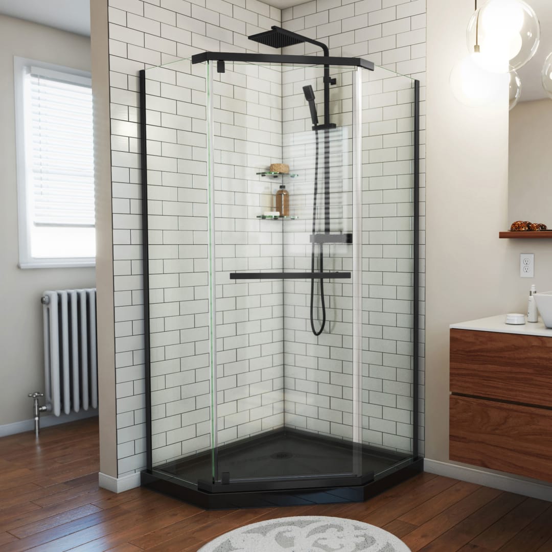 DreamLine Prism 36 inch D x 36 inch W x 74 3/4 inch H Frameless Neo-Angle Pivot Shower Enclosure in Matte Black with Black Shower Base Kit