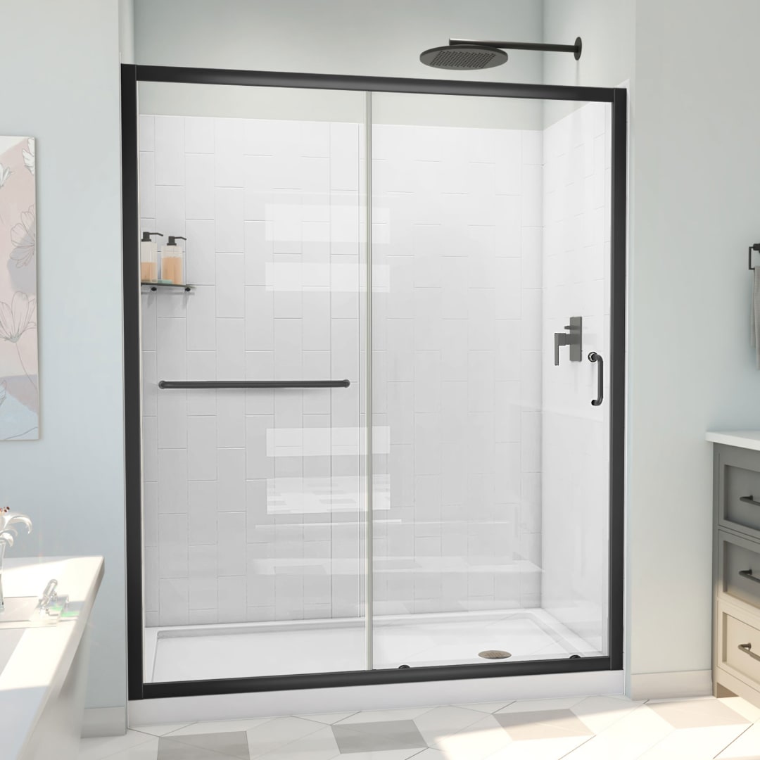 DreamLine Infinity-Z 30 inch D x 60 inch W x 78 3/4 inch H Semi-Frameless Sliding Shower Door in Matte Black and Clear Glass, Right Drain Shower Base, and Wall Kit in White