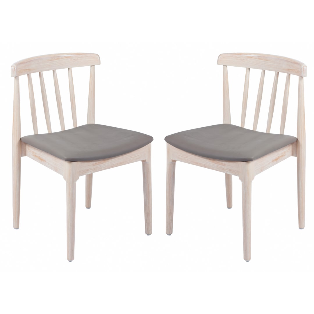 Chester Set of 2 Commercial Grade Solid Wood Antique White Dining Chairs with Curved Spindle Backrests and Beige Vinyl Seats