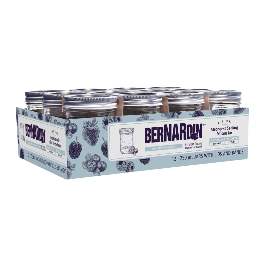 Bernardin Smooth-Sided Mason Jars, Regular Mouth, 250 mL, 12 Count