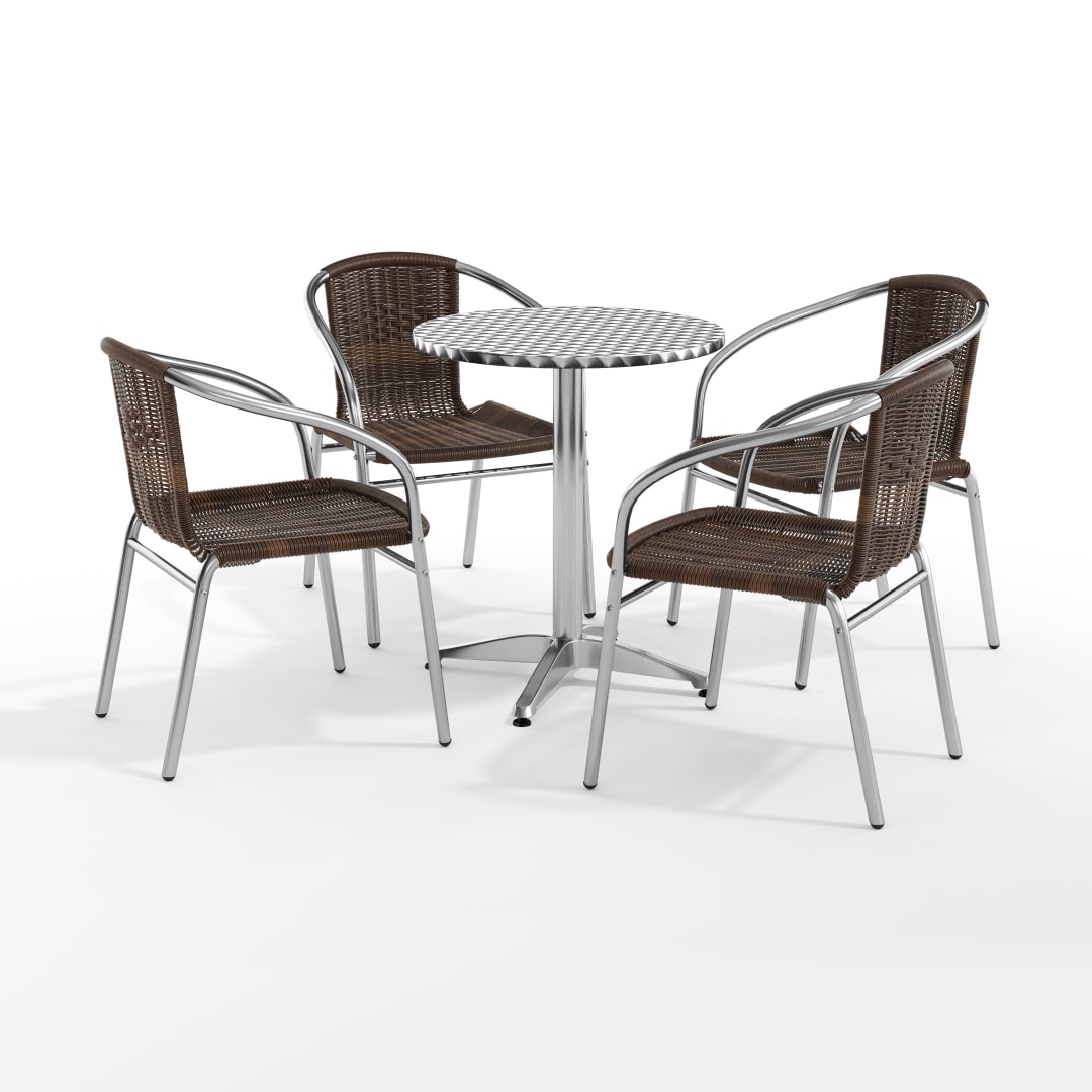 Lila 23.5'' Round Aluminum Indoor-Outdoor Table Set with 4 Dark Brown Rattan Chairs