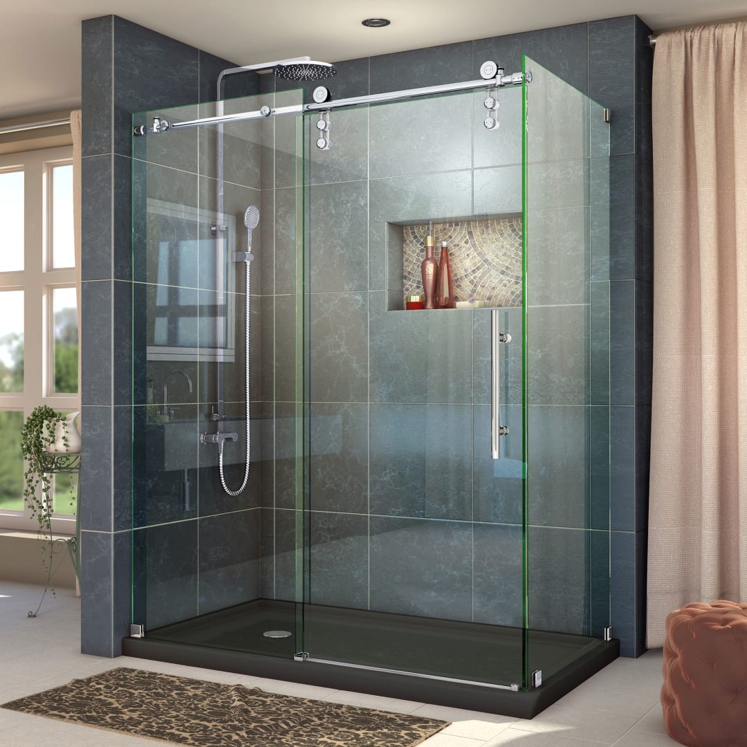 DreamLine Enigma-Z 34 1/2 inch D x 60 3/8 inch W x 76 inch H Frameless Sliding Shower Enclosure in Polished Stainless Steel