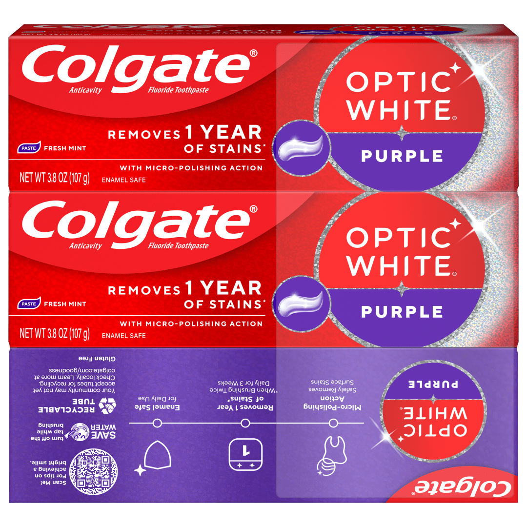 Colgate Optic White Purple Teeth Whitening Toothpaste, Anticavity Toothpaste with Fluoride, Fresh Mint Flavor, 3 Pack, 3.8 OZ