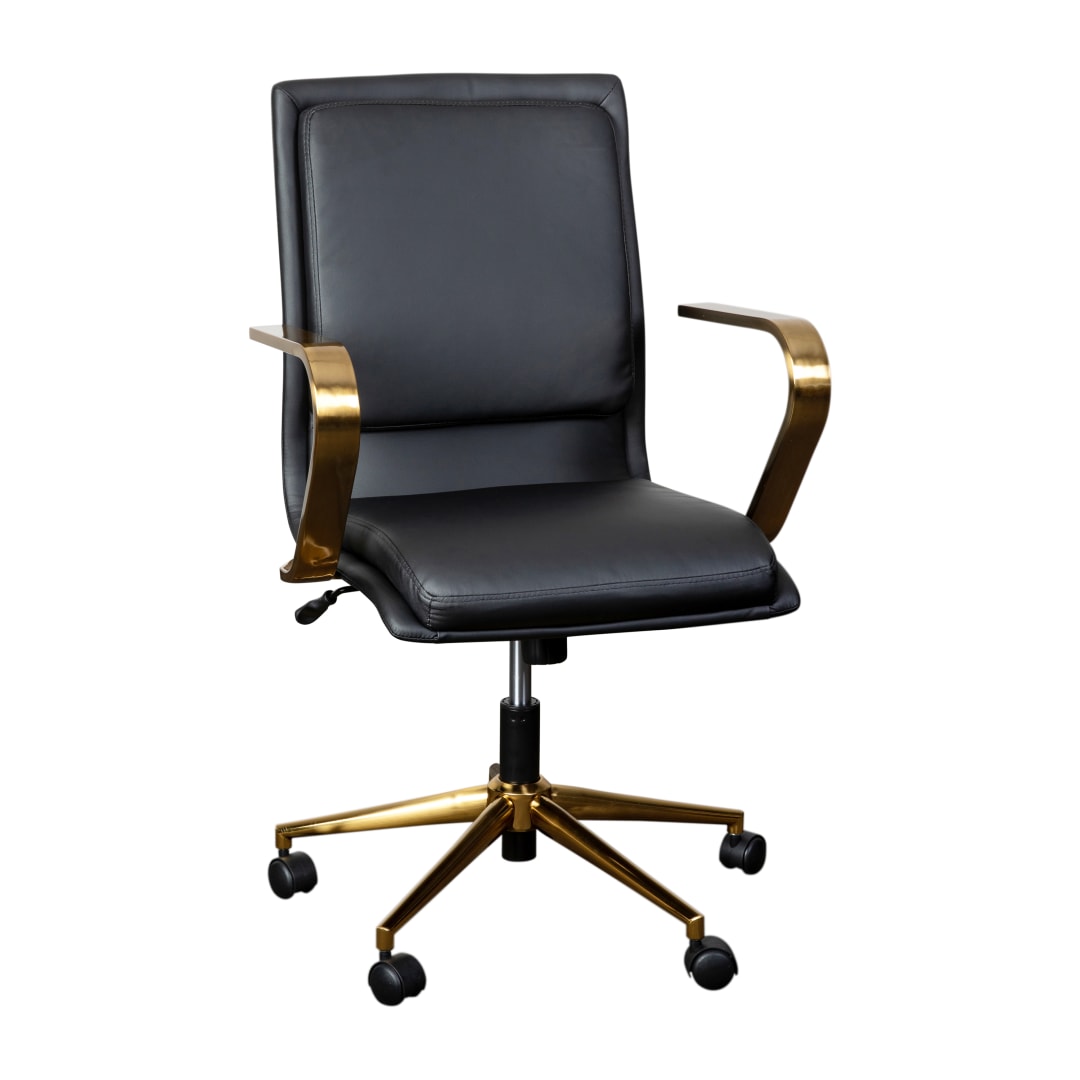 James Mid-Back Designer Executive LeatherSoft Office Chair with Brushed Gold Base and Arms, Black
