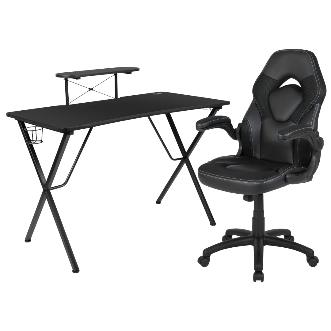 Optis Black Gaming Desk and Black Racing Chair Set with Cup Holder, Headphone Hook, and Monitor/Smartphone Stand