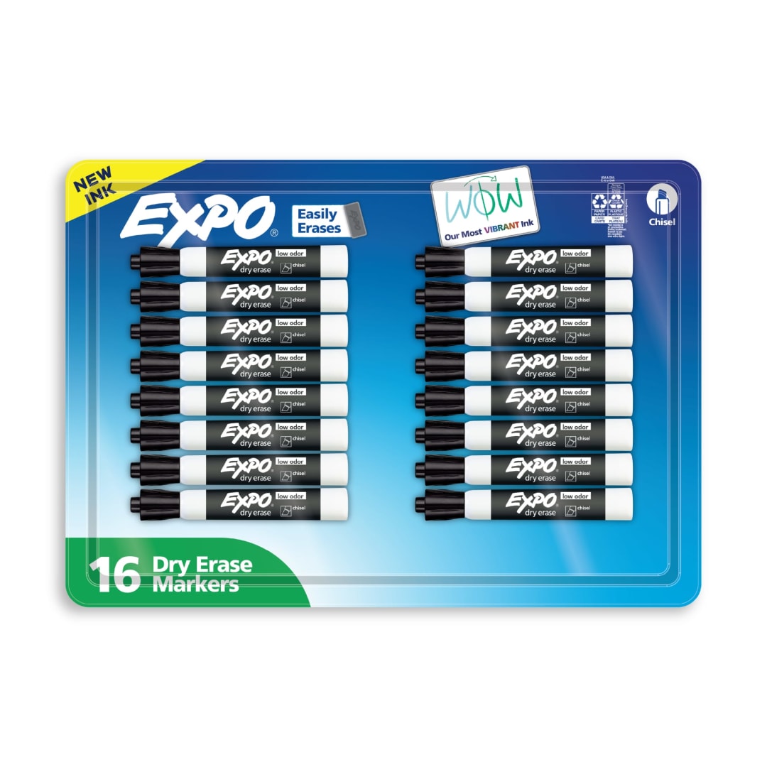 EXPO Dry Erase Markers, Low Odor Ink, Black, Chisel Tip, 16 Count