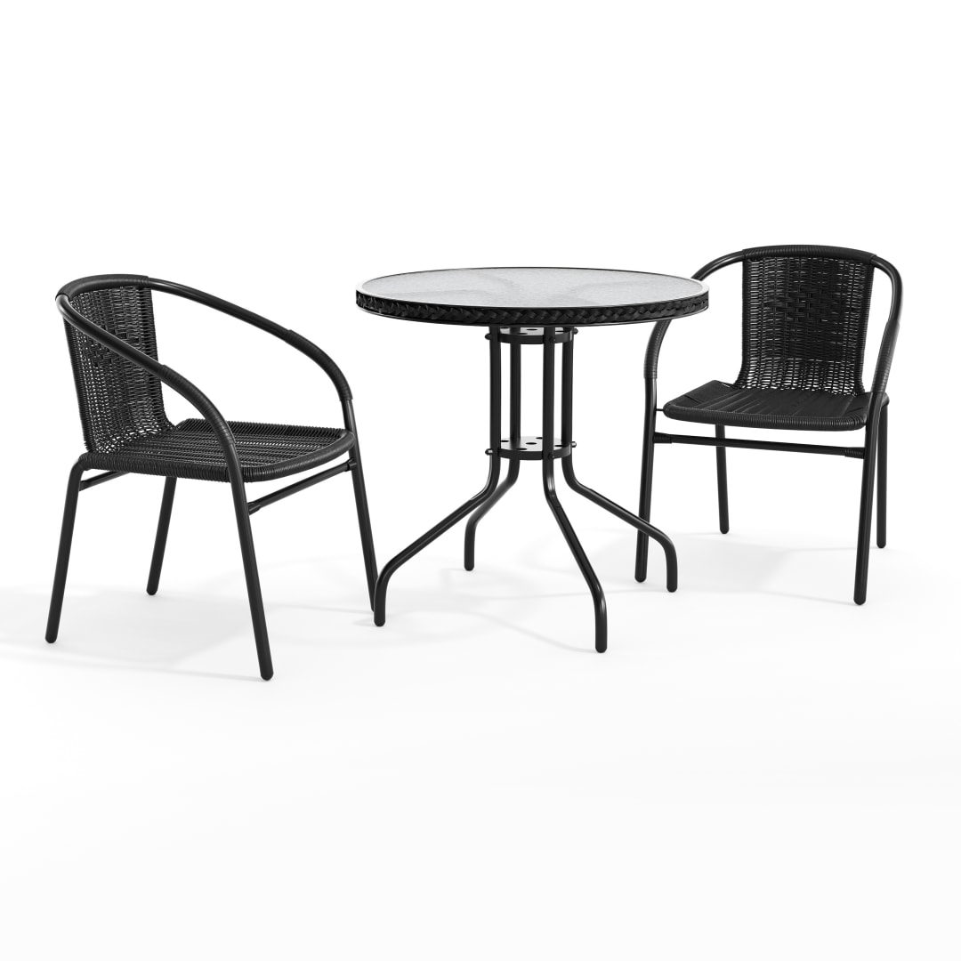 Lila 28'' Round Glass Metal Table with Black Rattan Edging and 2 Black Rattan Stack Chairs