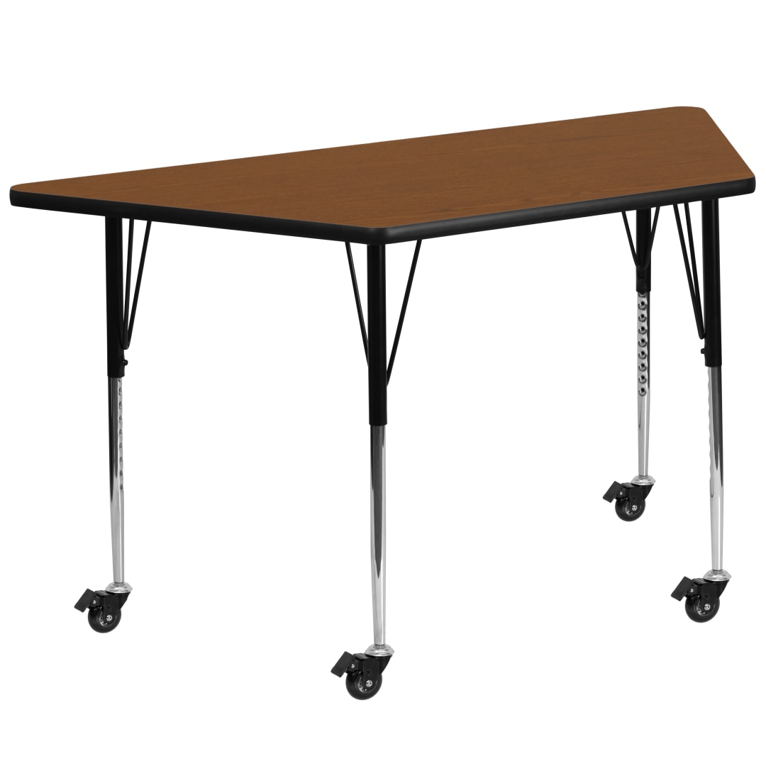 Wren Mobile 22.5''W x 45''L Trapezoid Oak HP Laminate Activity Table - Standard Height Adjustable Legs