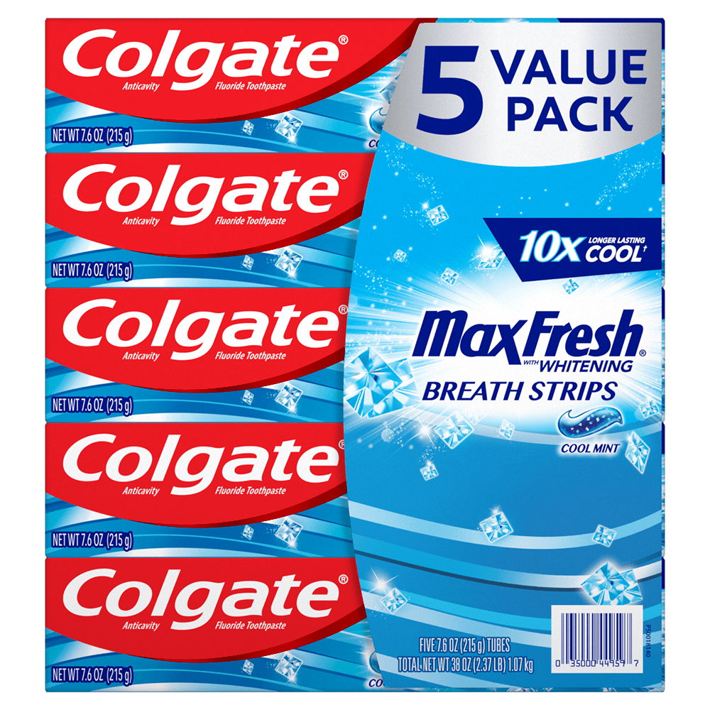 Colgate Max Fresh Toothpaste with Mini Breath Strips, Cool Mint - 7.6 Ounce (5 Pack)