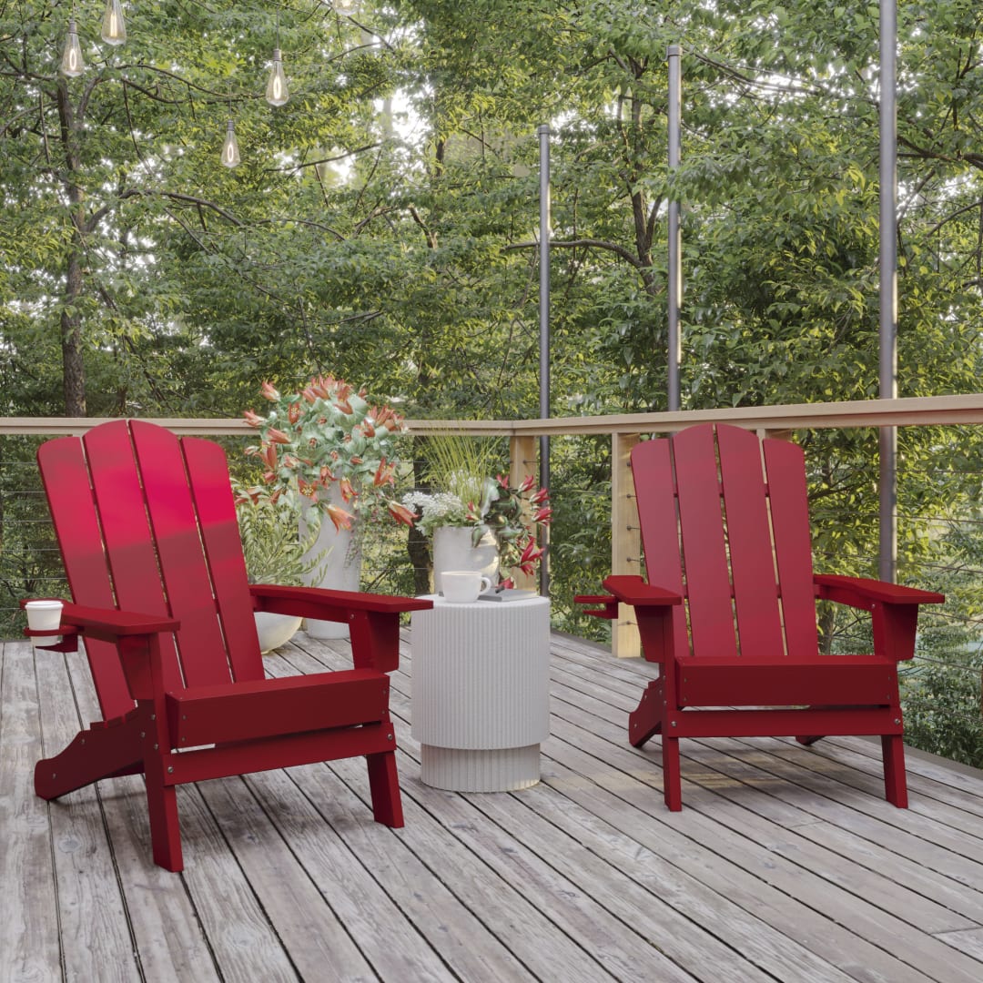 Newport Adirondack Chair with Cup Holder, Weather Resistant HDPE Adirondack Chair in Red, Set of 2