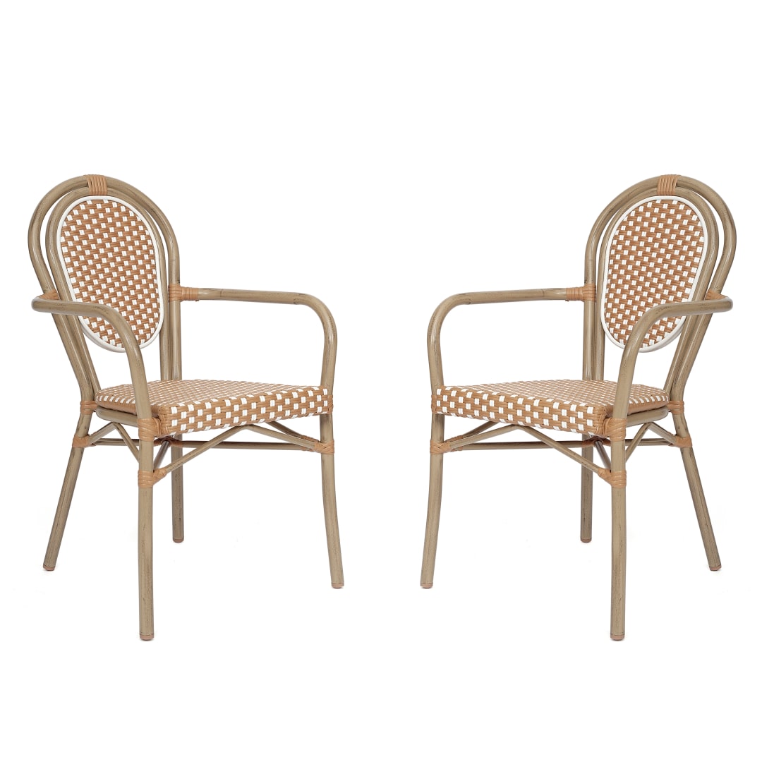 2 Pack Lourdes Indoor/Outdoor Commercial Thonet Bistro Stack Chair with Arms, Natural/White PE Rattan and Bamboo Aluminum Frame in Lt Natural