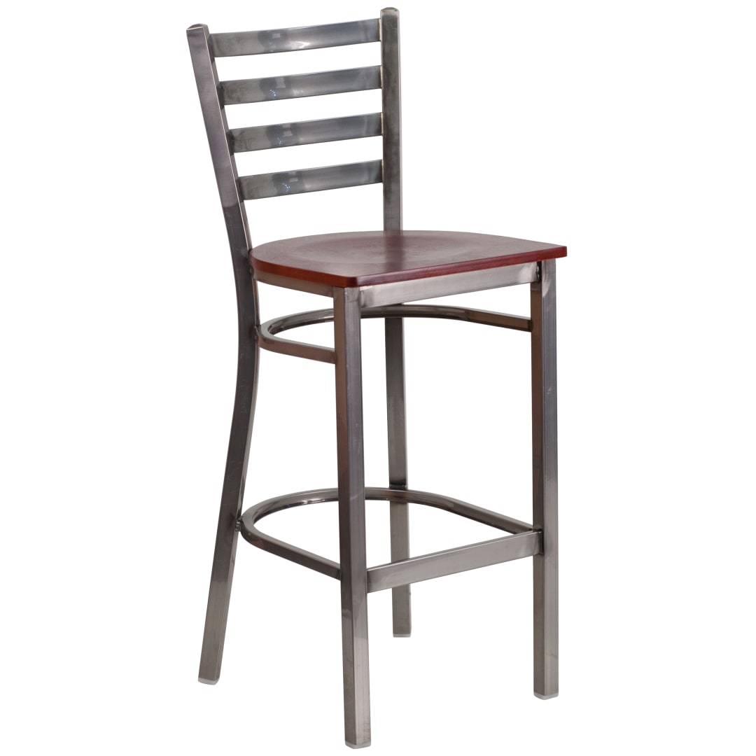 HERCULES Series Silver Antique Finish with Clear Coat Ladder Back Metal Restaurant Barstool - Mahogany Wood Seat
