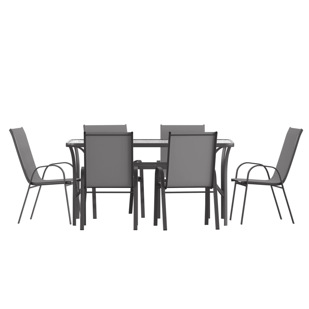 Brazos 7 Piece Commercial Grade Patio Dining Set with Tempered Glass Patio Table and 6 Chairs with Gray Flex Comfort Material Seats and Backs
