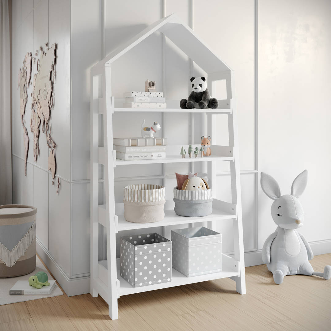 Wood Open Bookshelf with Covered Triangular Top, 4 Shelves, and Squared Legs in White