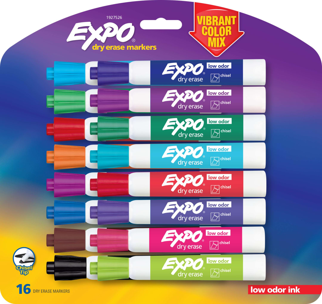 EXPO® Low Odor Dry Erase Markers, Chisel Tip, Assorted Colors, 16 Count