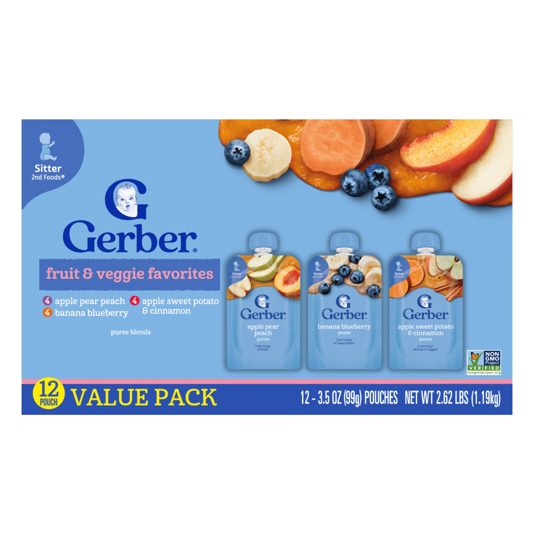 Gerber Stage 2 Baby Food, Fruit and Veggie Favorites Puree Pouches, Variety Pack, 12PK