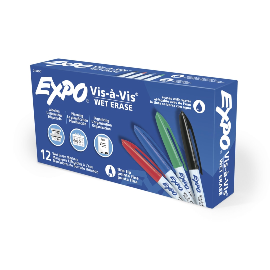 EXPO® Vis-a-Vis Wet Erase Markers, Fine Point, Assorted Colors, 12 Count