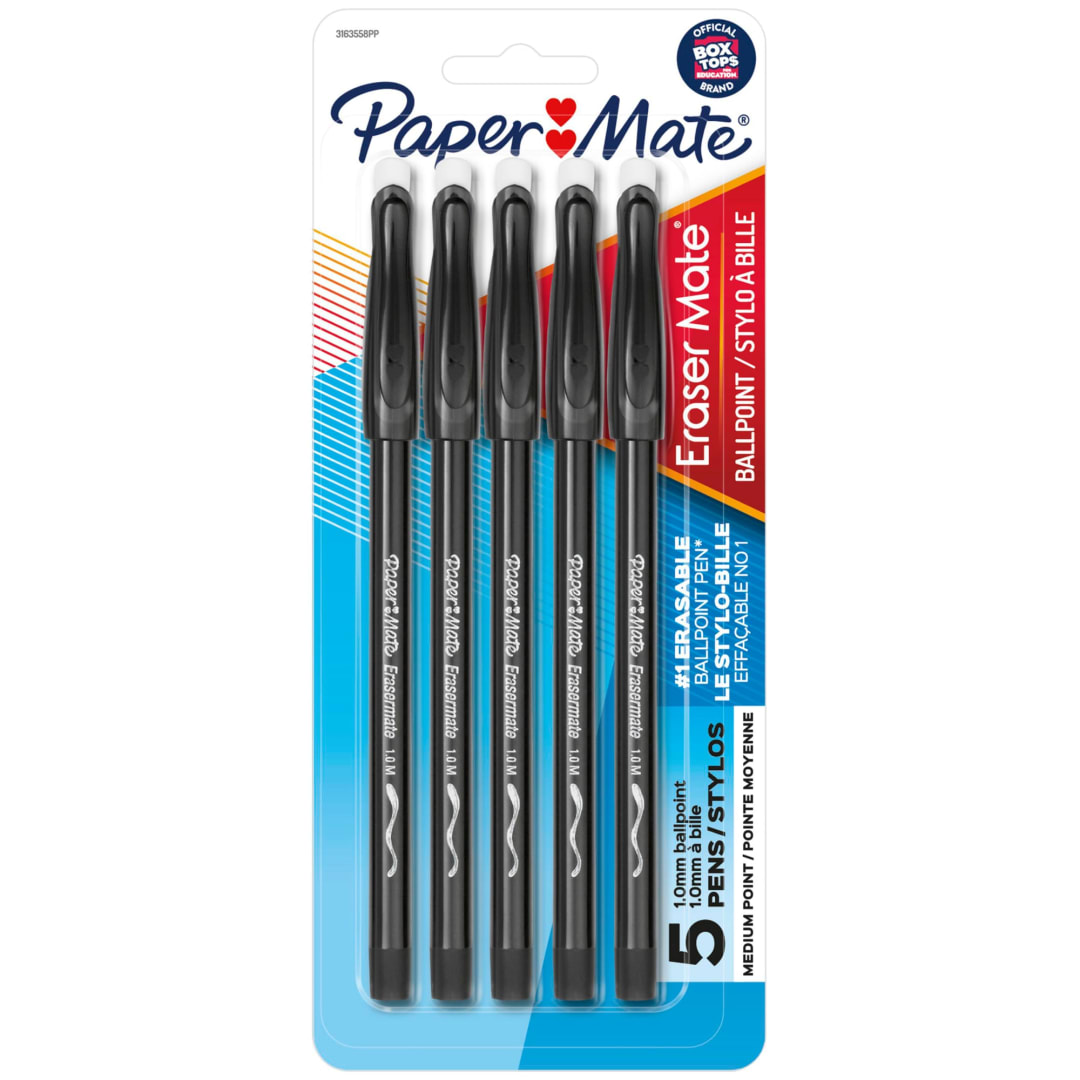 Paper Mate® EraserMate® Erasable Pens, Ballpoint Pens, Medium Point (1.0mm), Black, 5 Count