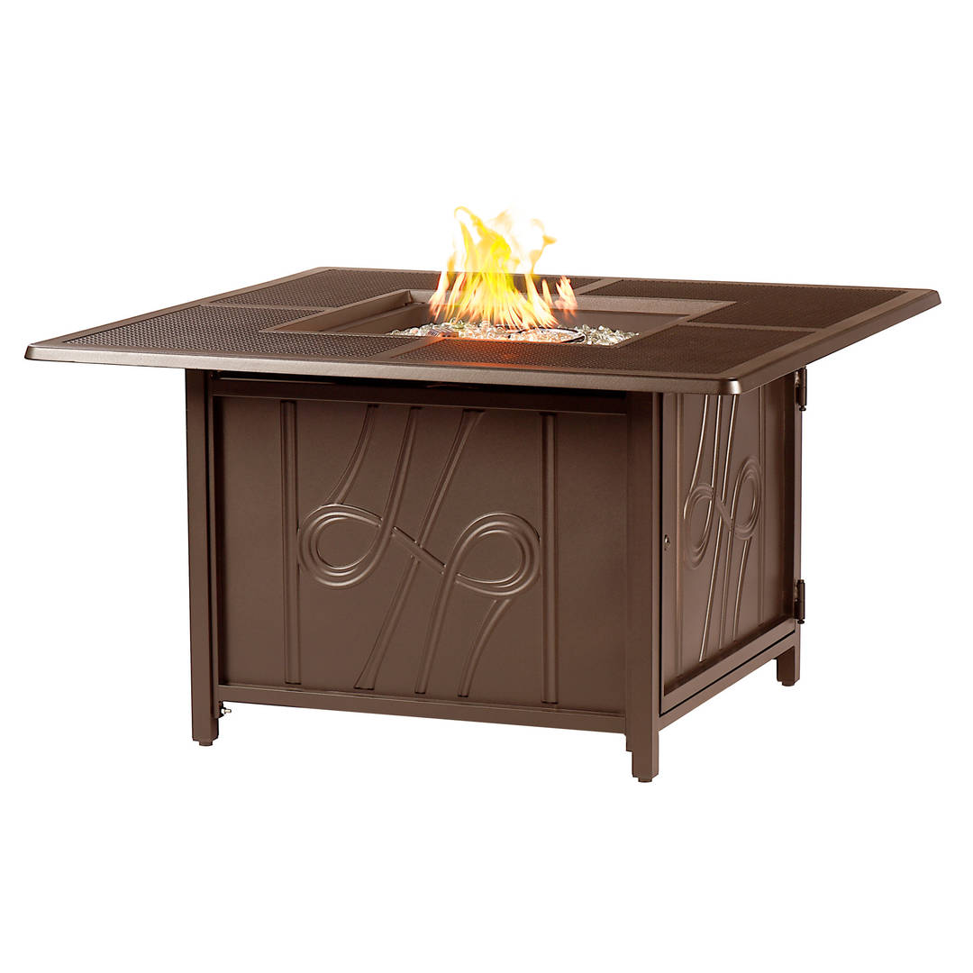 Square 42 in. x 42 in. Aluminum Propane Fire Pit Table with Glass Beads, Two Covers, Lid, 55,000 BTUs in Brown Finish
