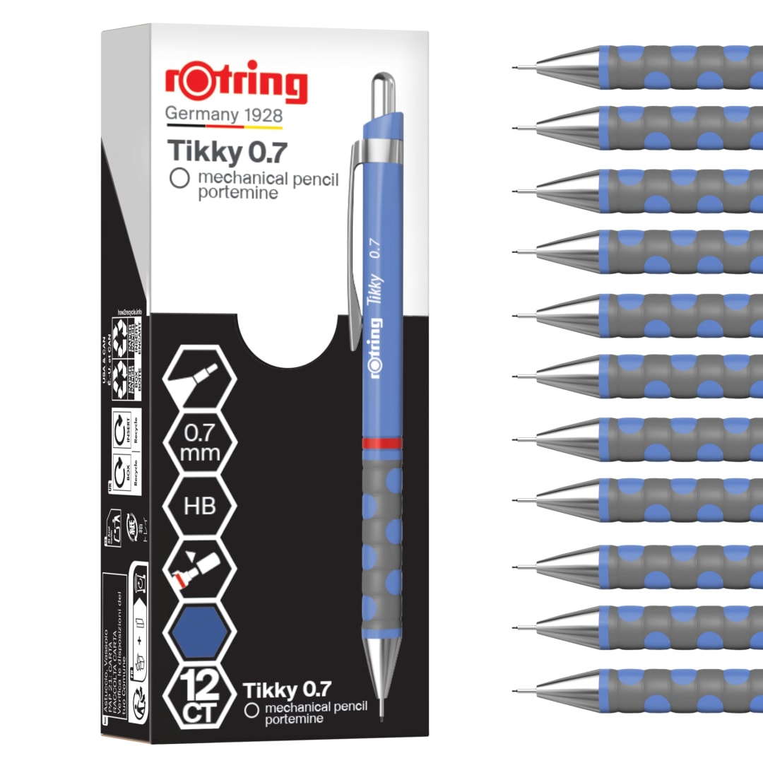 rOtring Tikky Mechanical Pencil | HB 0.7 mm | Iris (blue) Barrel | Lightweight with Rubberised Grip | 12 Count
