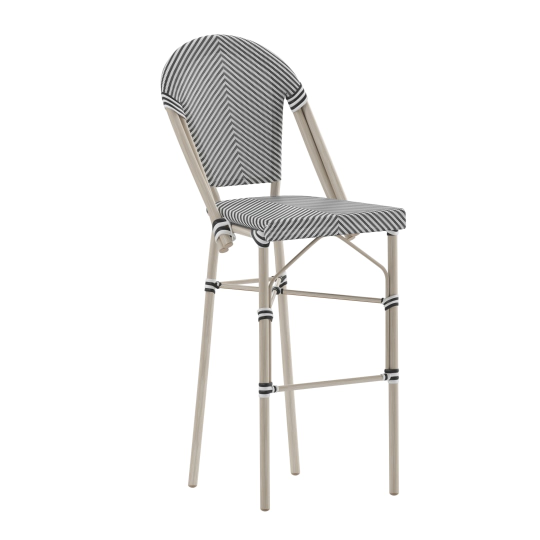 Marseille Stackable Indoor/Outdoor Bistro 30" High Barstool, Commercial Grade, Black/White and Light Bamboo Finish